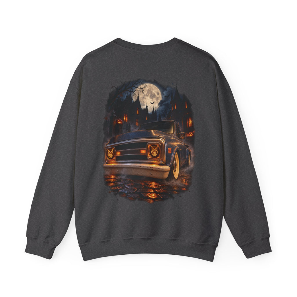 Rare Lab After Dark Midnight crewneck in Sport Grey: small night-sky owl on the chest, C10 truck under a full moon on the back