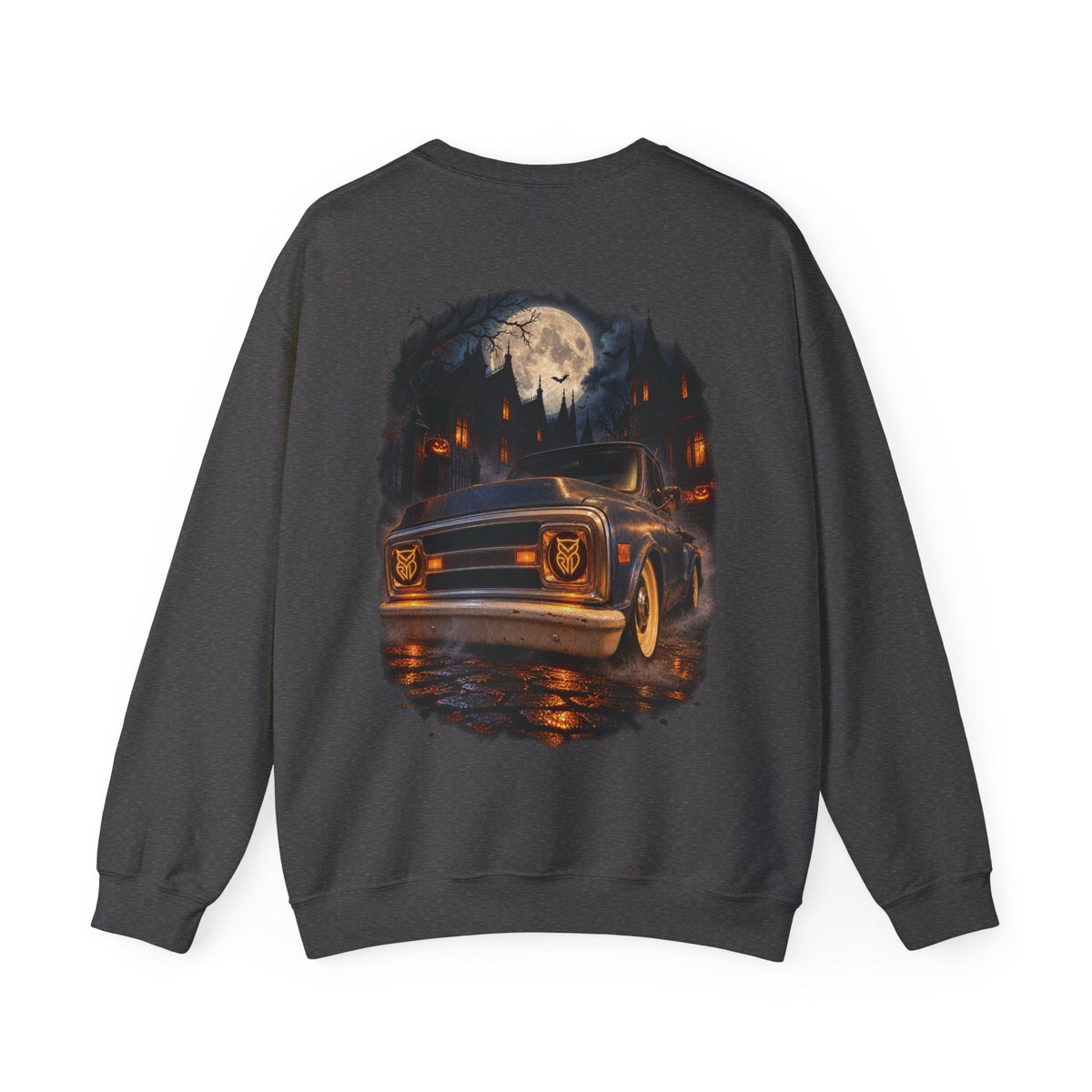 Rare Lab After Dark Midnight crewneck in Sport Grey: small night-sky owl on the chest, C10 truck under a full moon on the back