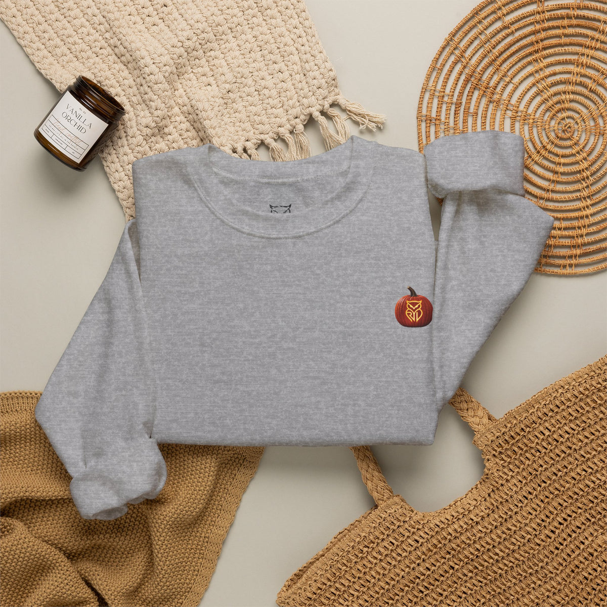 Rare Lab After Dark crewneck sweatshirt: small glowing Rare Lab owl jack-o'-lantern on the chest, C10 truck with owl jack-o'-lantern headlights on the back