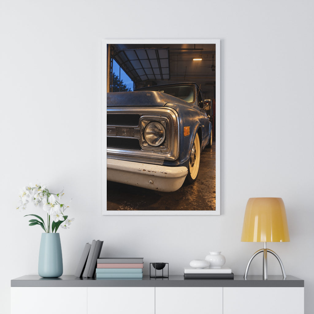 Rare Lab Vintage Blue Truck framed poster: close-up of a classic truck's headlight, bumper and whitewall tire