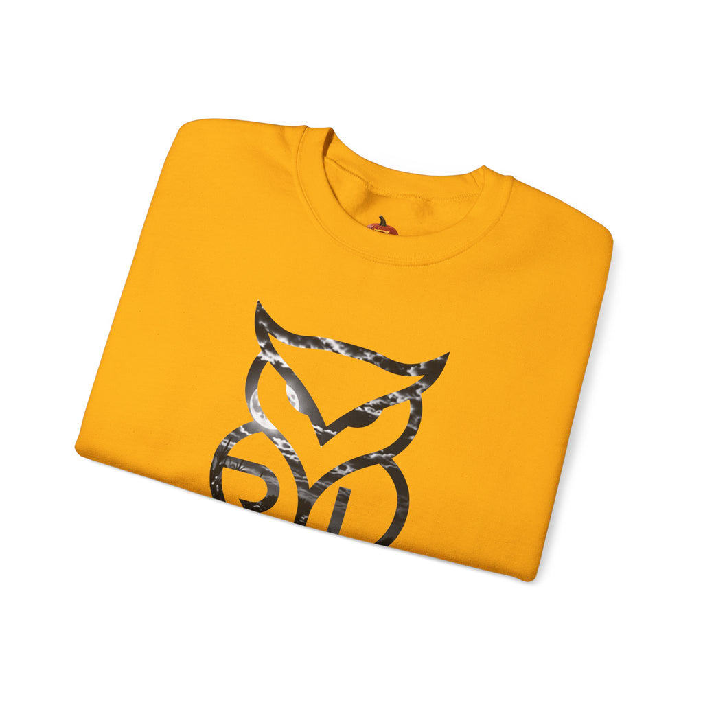 Rare Lab Owl Lantern crewneck sweatshirt: glowing Rare Lab owl jack-o'-lantern on the front, moonlit pumpkin patch scene on the back