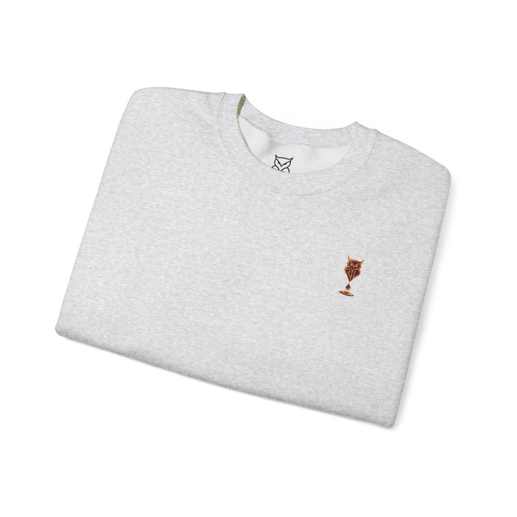 Rare Lab Drip Owl crewneck: Rare Lab owl in glossy amber with an espresso drop, on the left chest