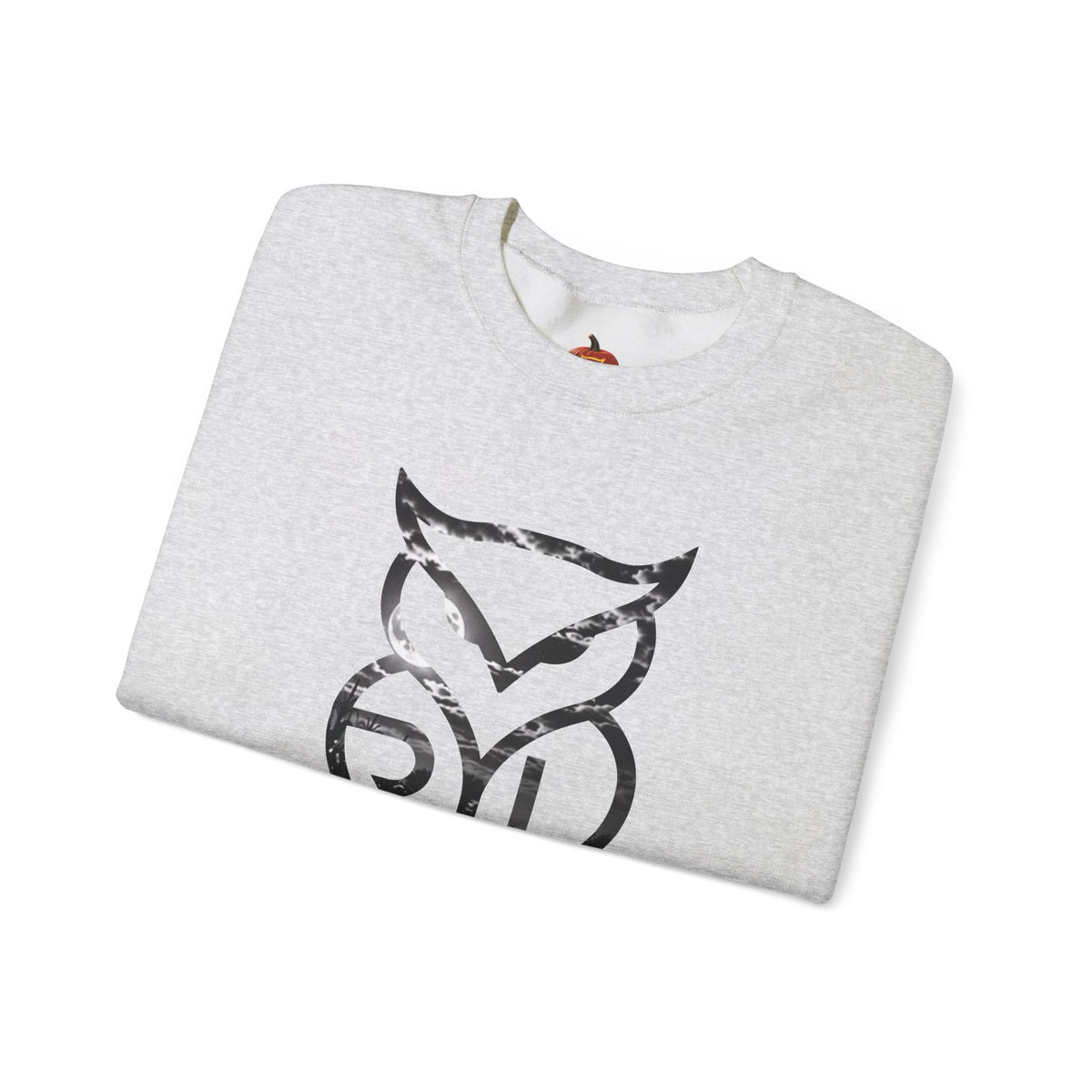 Rare Lab Owl Lantern crewneck sweatshirt: glowing Rare Lab owl jack-o'-lantern on the front, moonlit pumpkin patch scene on the back