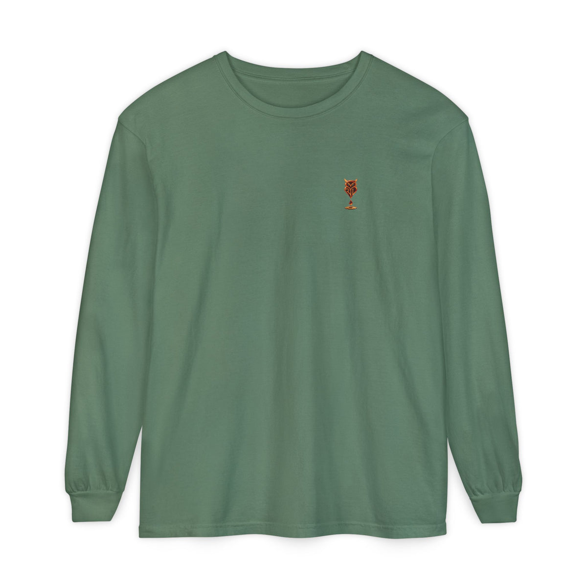 Rare Lab Drip Owl long sleeve tee: Rare Lab owl in glossy amber with an espresso drop, on the left chest