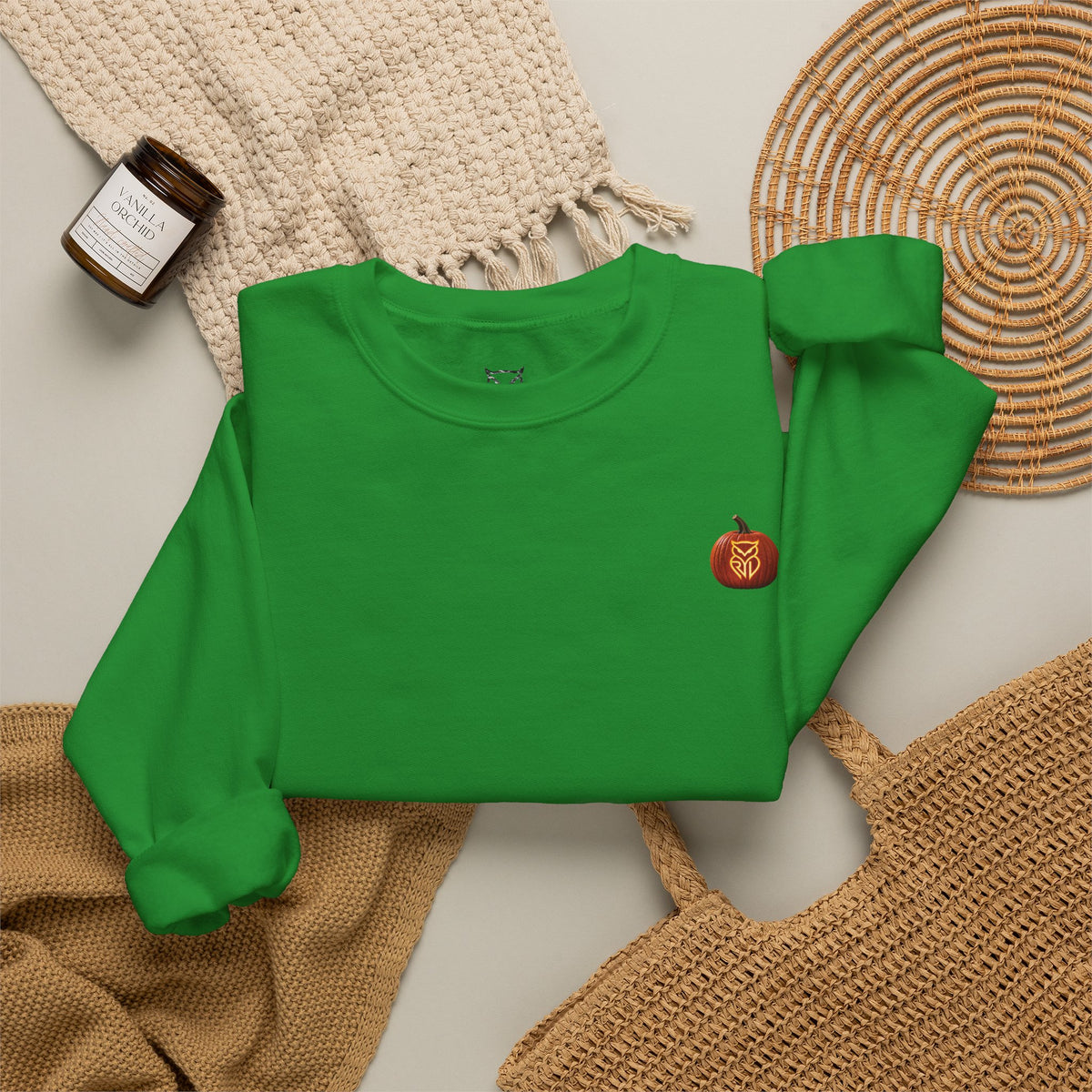 Rare Lab After Dark crewneck sweatshirt: small glowing Rare Lab owl jack-o'-lantern on the chest, C10 truck with owl jack-o'-lantern headlights on the back