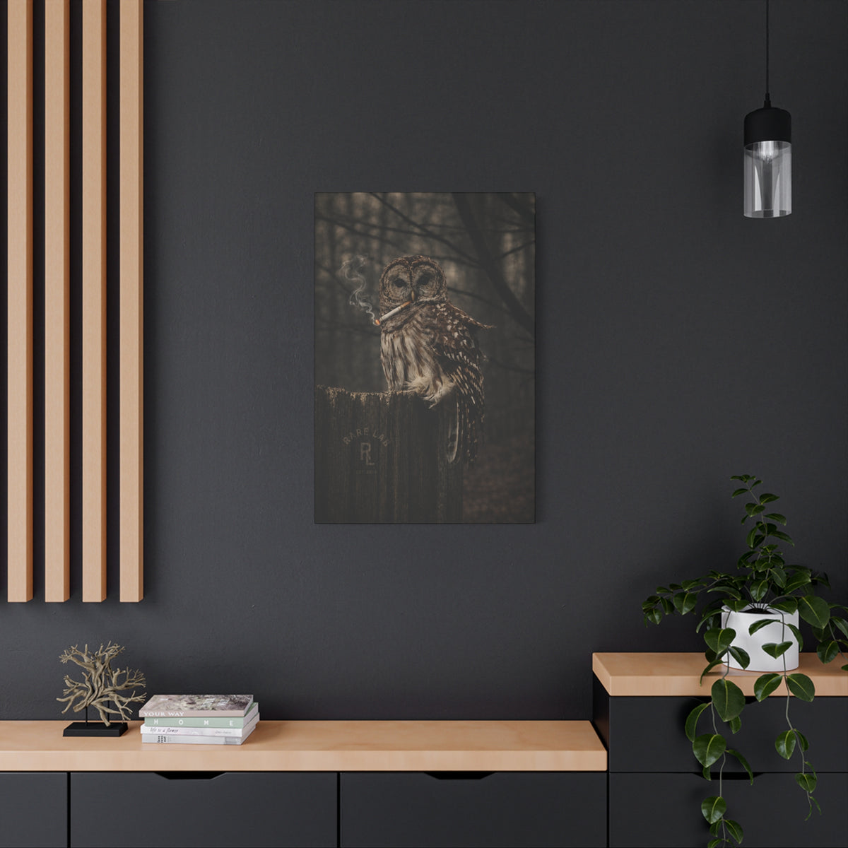 Rare Lab Smoke & Stillness matte canvas: a barred owl on a weathered post with a thin trail of smoke against the dark