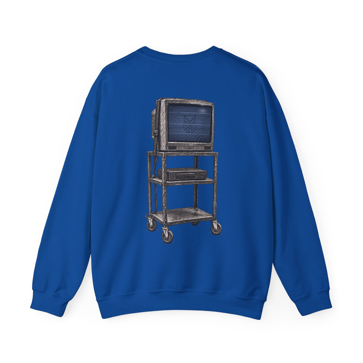 Rare Lab Retro TV Cart crewneck: small owl logo on the chest, faded TV on a rolling cart on the back