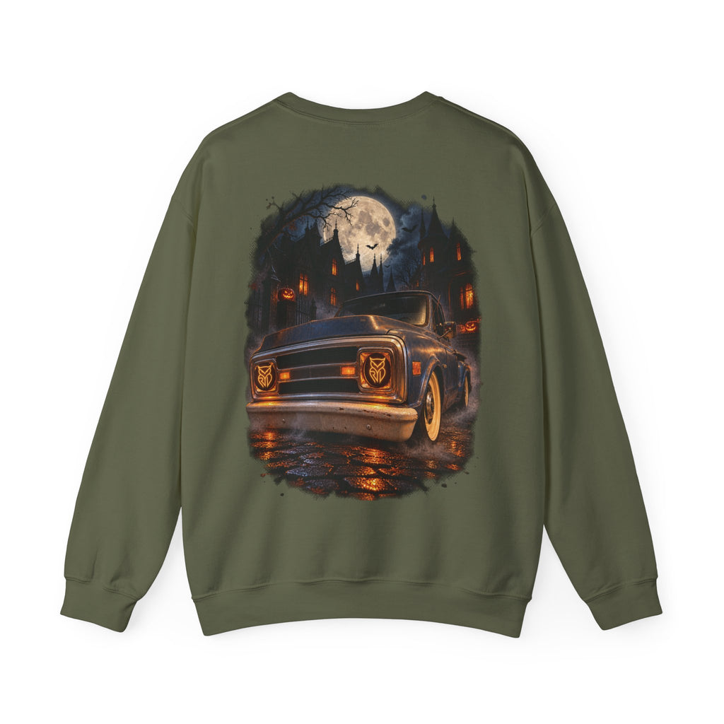 Rare Lab After Dark crewneck sweatshirt: small glowing Rare Lab owl jack-o'-lantern on the chest, C10 truck with owl jack-o'-lantern headlights on the back