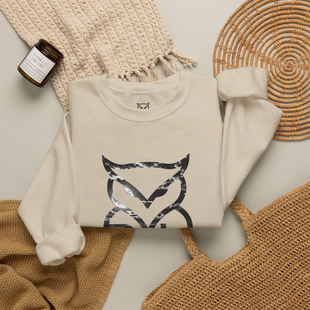 Rare Lab Midnight Owl crewneck in Dark Heather: large night-sky owl on the front, C10 truck under a full moon on the back