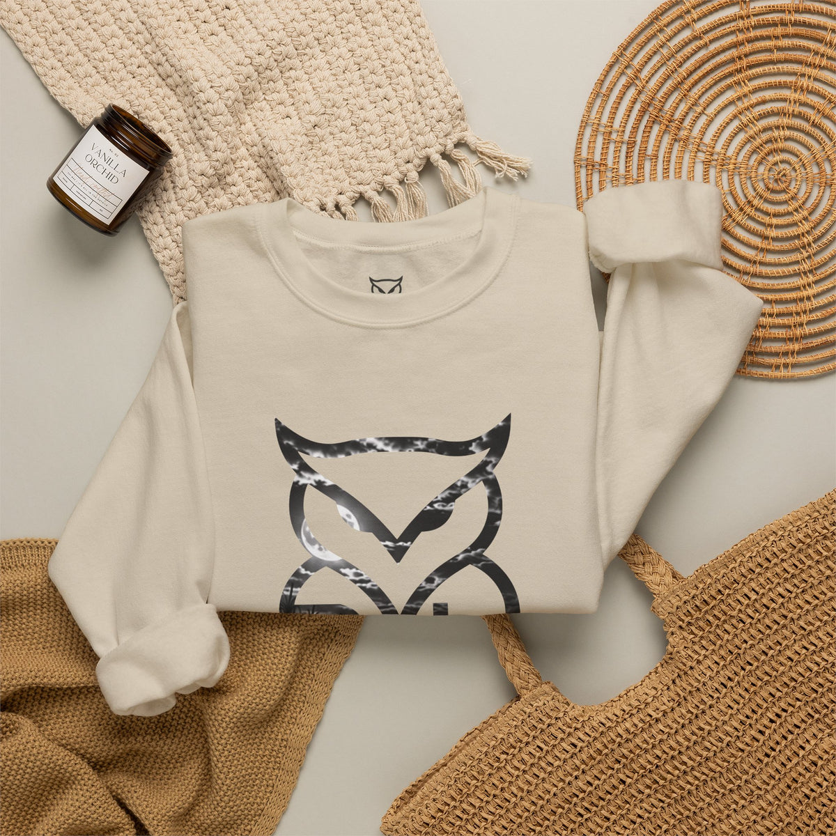 Rare Lab Midnight Owl crewneck in Dark Heather: large night-sky owl on the front, C10 truck under a full moon on the back