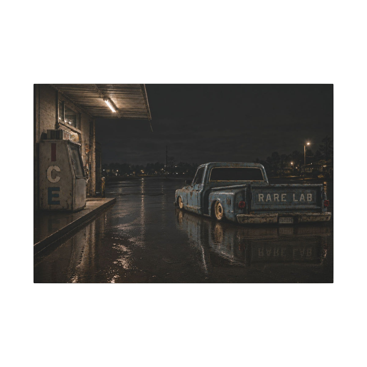 Rare Lab Ice Box canvas: a weathered blue pickup at a rain-slicked, late-night gas stop