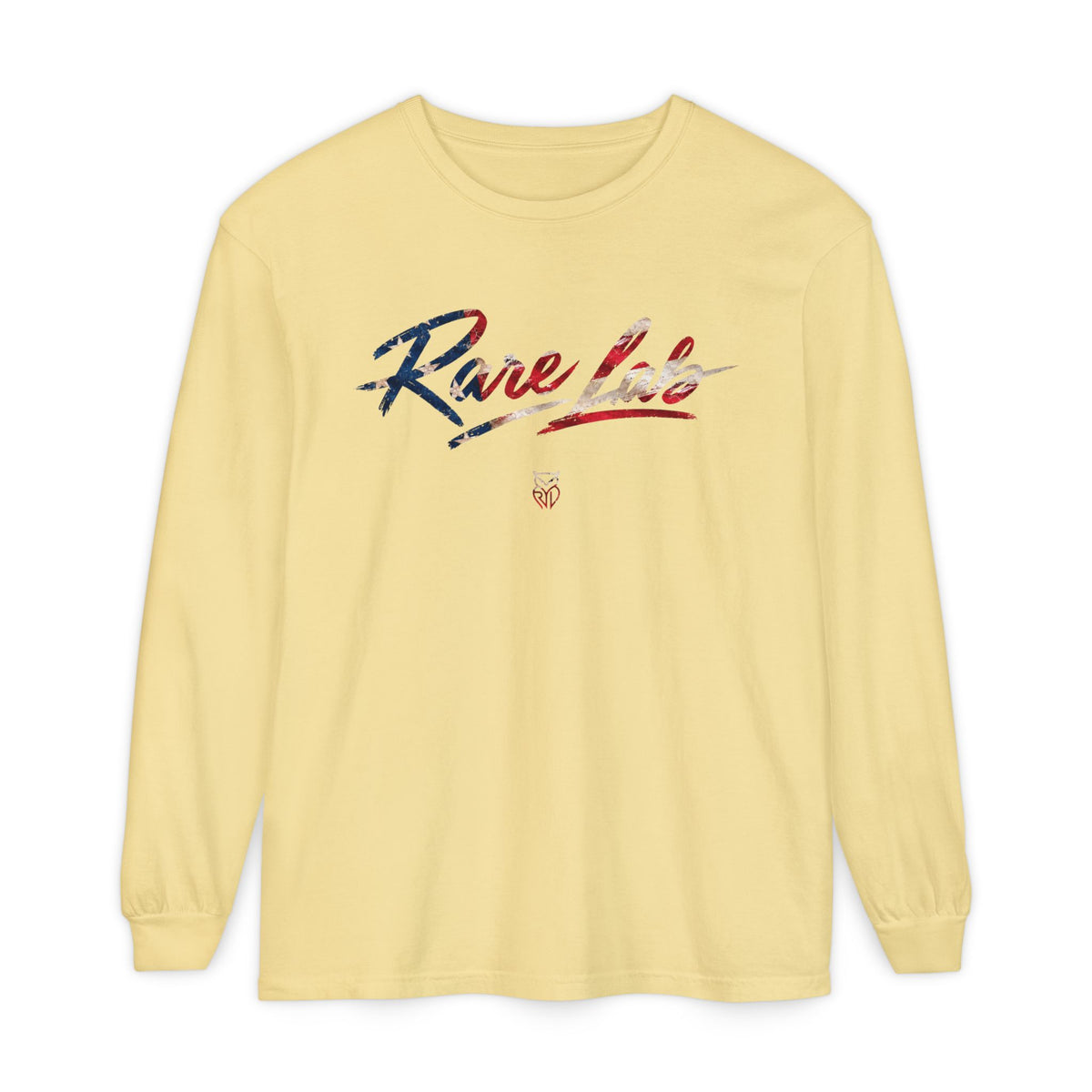 Rare Lab Brush Stroke American Flag long sleeve tee: brush stroke flag script across the chest