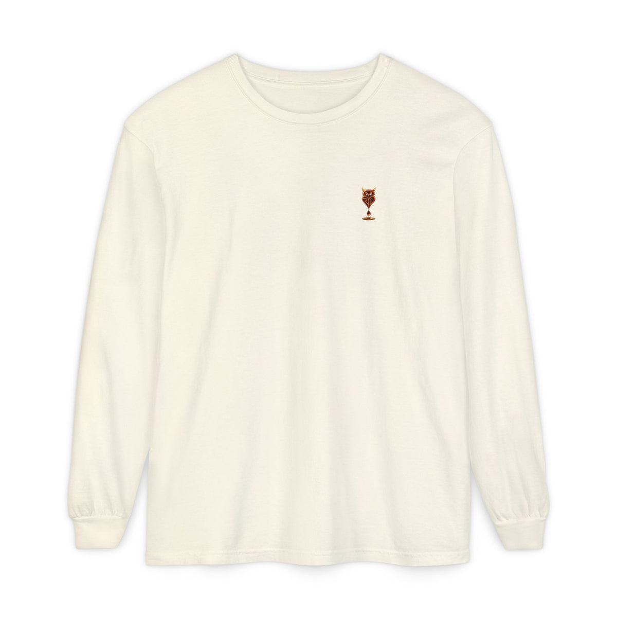Rare Lab Drip Owl long sleeve tee: Rare Lab owl in glossy amber with an espresso drop, on the left chest