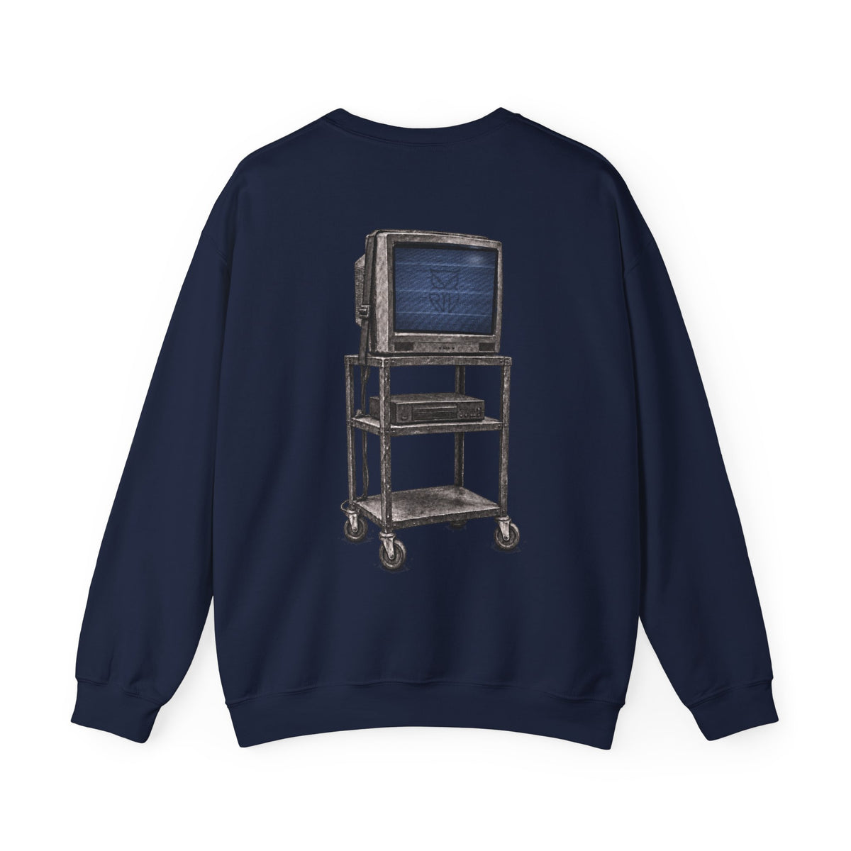 Rare Lab Retro TV Cart crewneck: small owl logo on the chest, faded TV on a rolling cart on the back