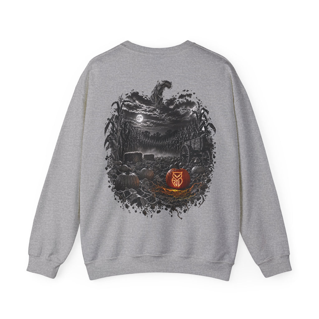 Rare Lab Owl Lantern crewneck sweatshirt: glowing Rare Lab owl jack-o'-lantern on the front, moonlit pumpkin patch scene on the back