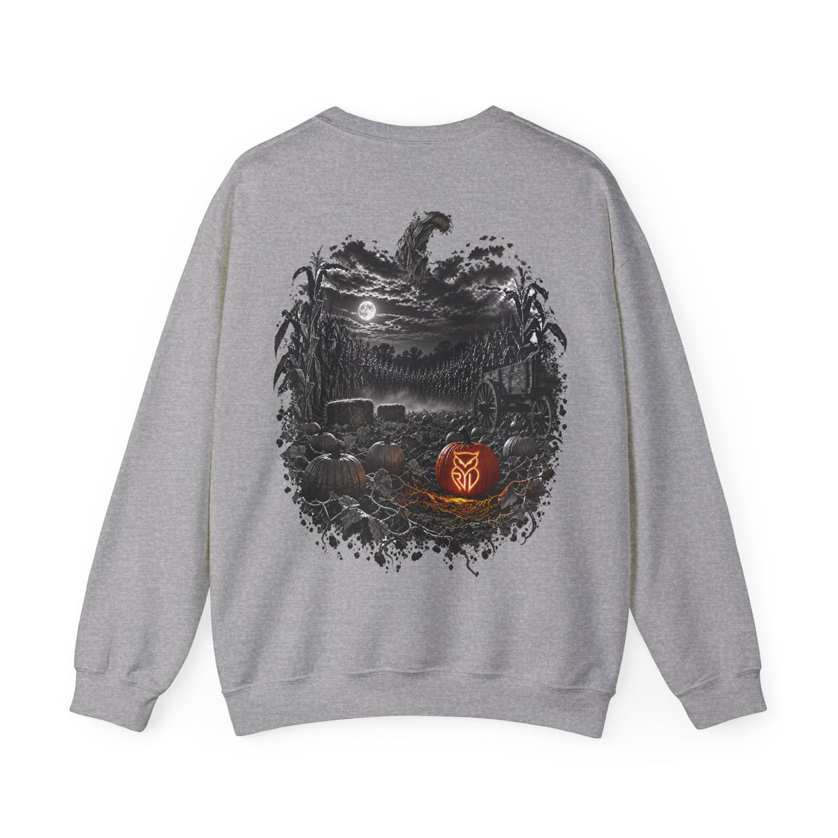 Rare Lab Owl Lantern crewneck sweatshirt: glowing Rare Lab owl jack-o'-lantern on the front, moonlit pumpkin patch scene on the back