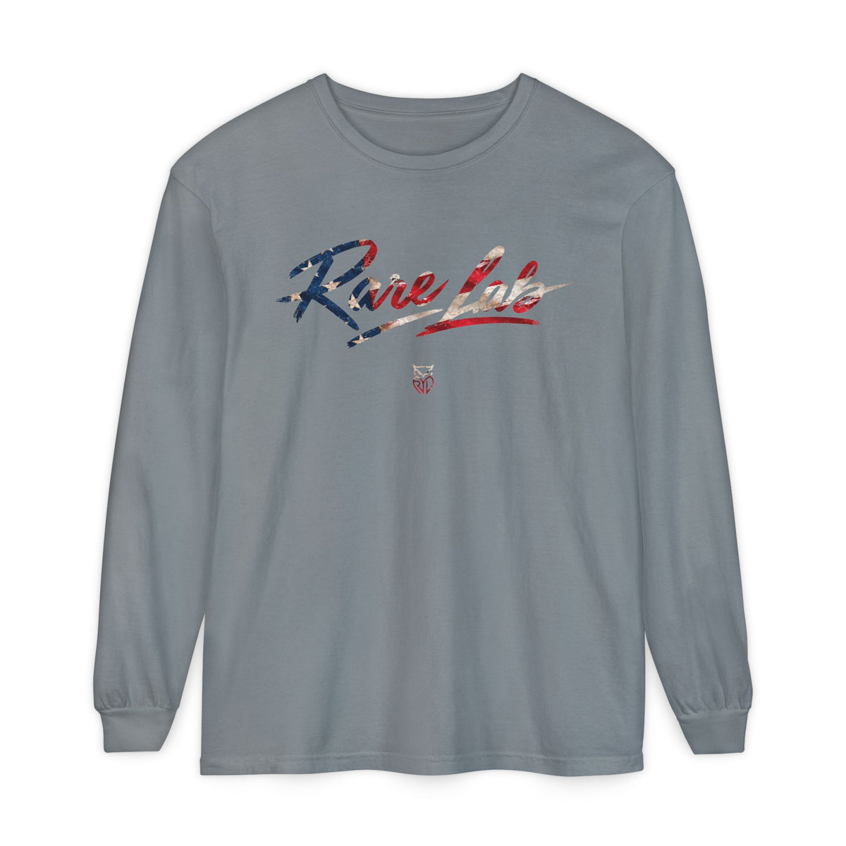 Rare Lab Brush Stroke American Flag long sleeve tee: brush stroke flag script across the chest