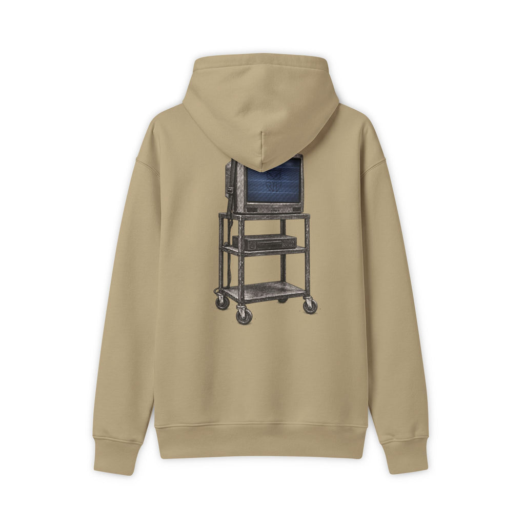 Rare Lab Retro TV Cart hoodie: minimal linework on the chest, vintage TV on a rolling cart on the back
