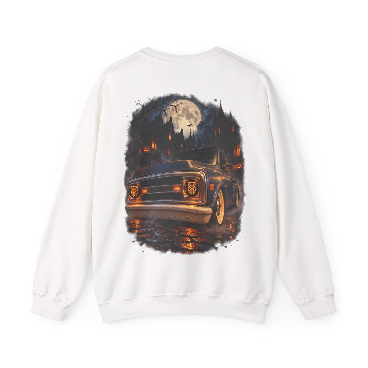 Rare Lab Midnight Owl crewneck in Sand: large night-sky owl on the front, C10 truck under a full moon on the back