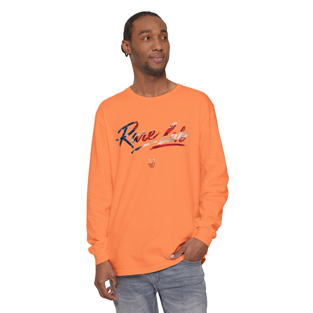 Rare Lab Brush Stroke American Flag long sleeve tee: brush stroke flag script across the chest