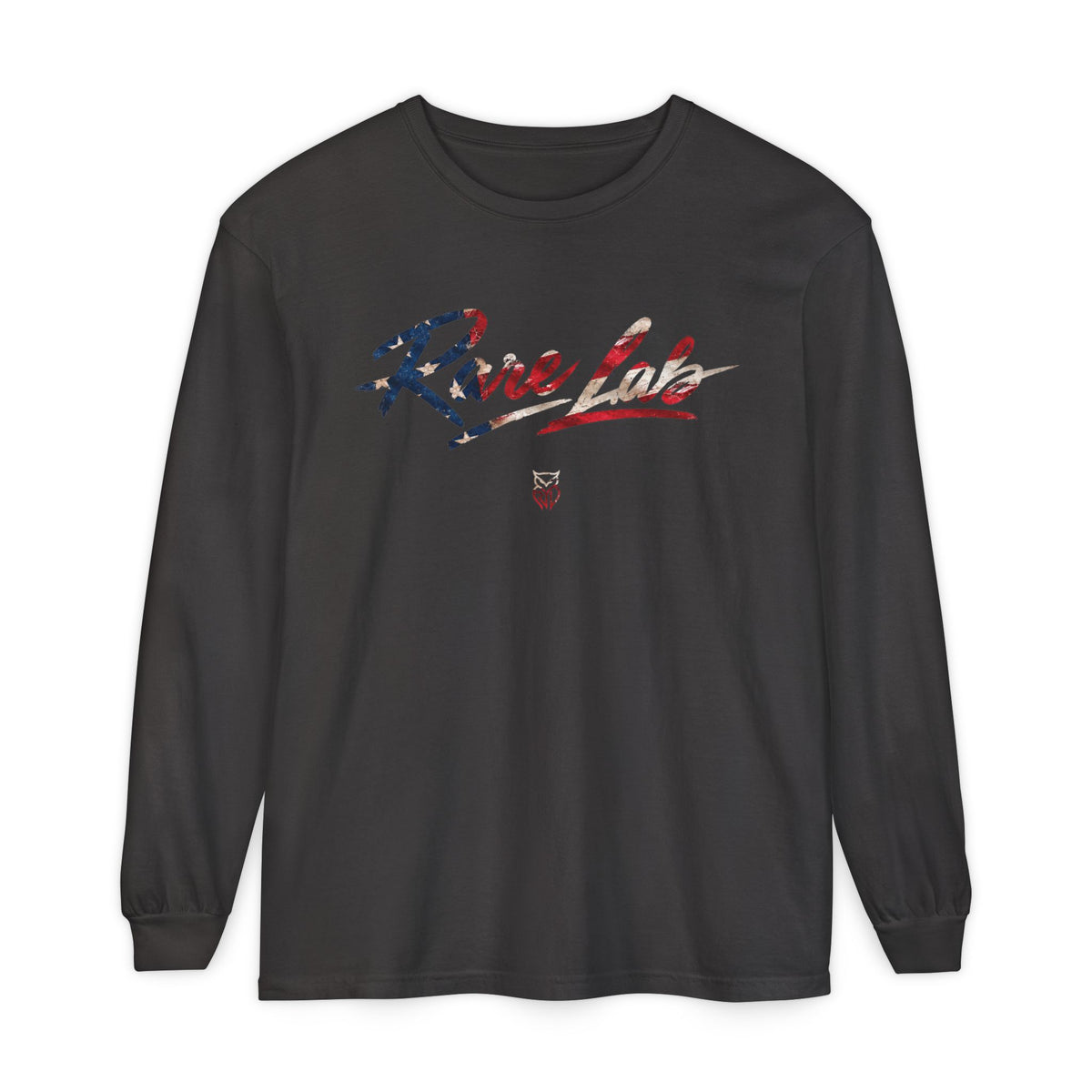 Rare Lab Brush Stroke American Flag long sleeve tee: brush stroke flag script across the chest