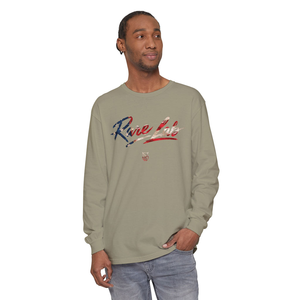 Rare Lab Brush Stroke American Flag long sleeve tee: brush stroke flag script across the chest