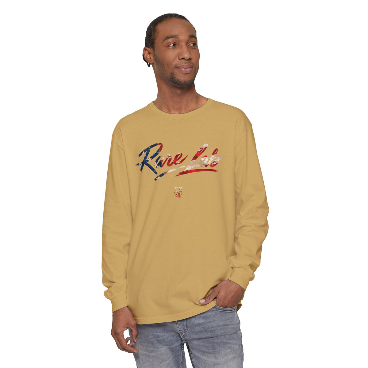 Rare Lab Brush Stroke American Flag long sleeve tee: brush stroke flag script across the chest
