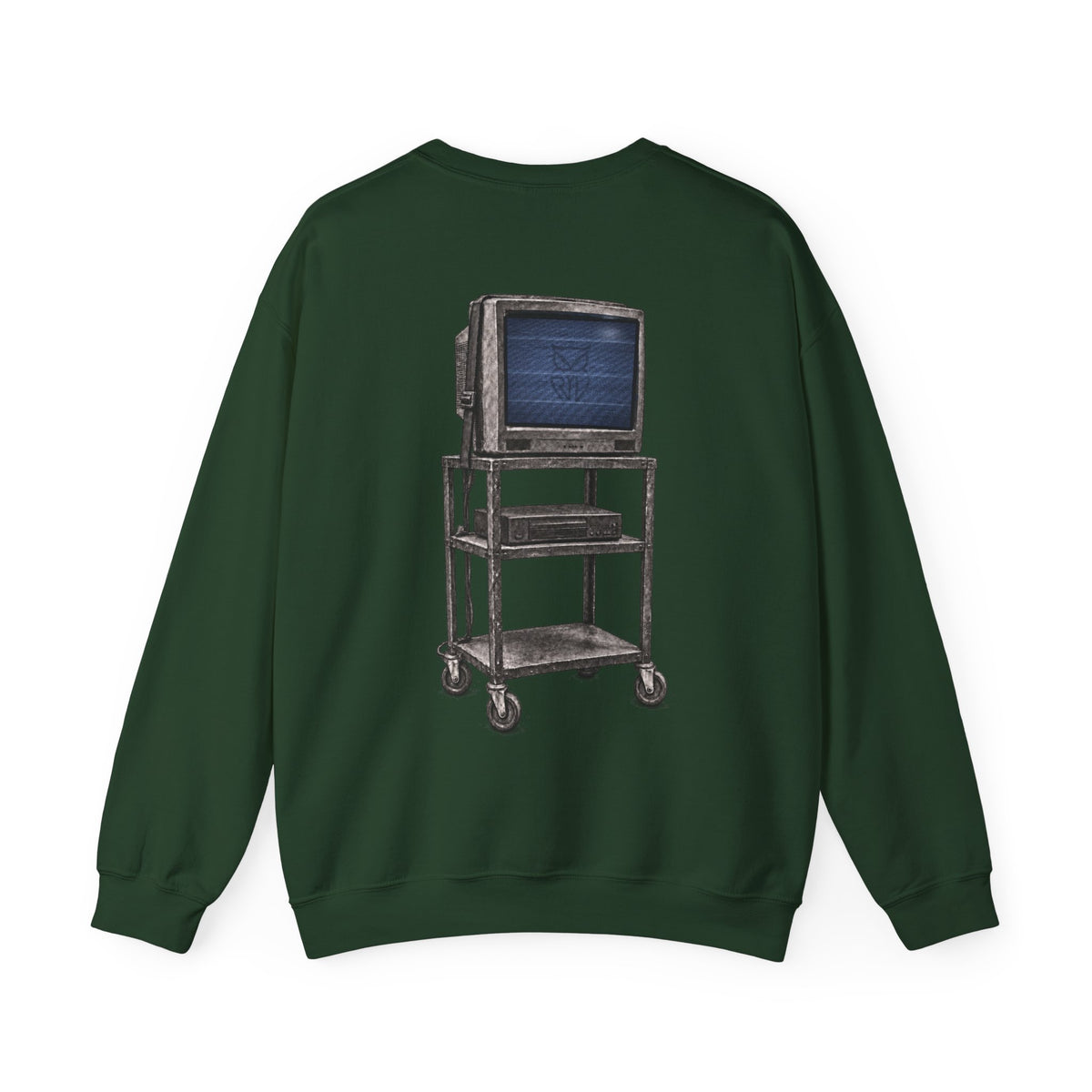 Rare Lab Retro TV Cart crewneck: small owl logo on the chest, faded TV on a rolling cart on the back