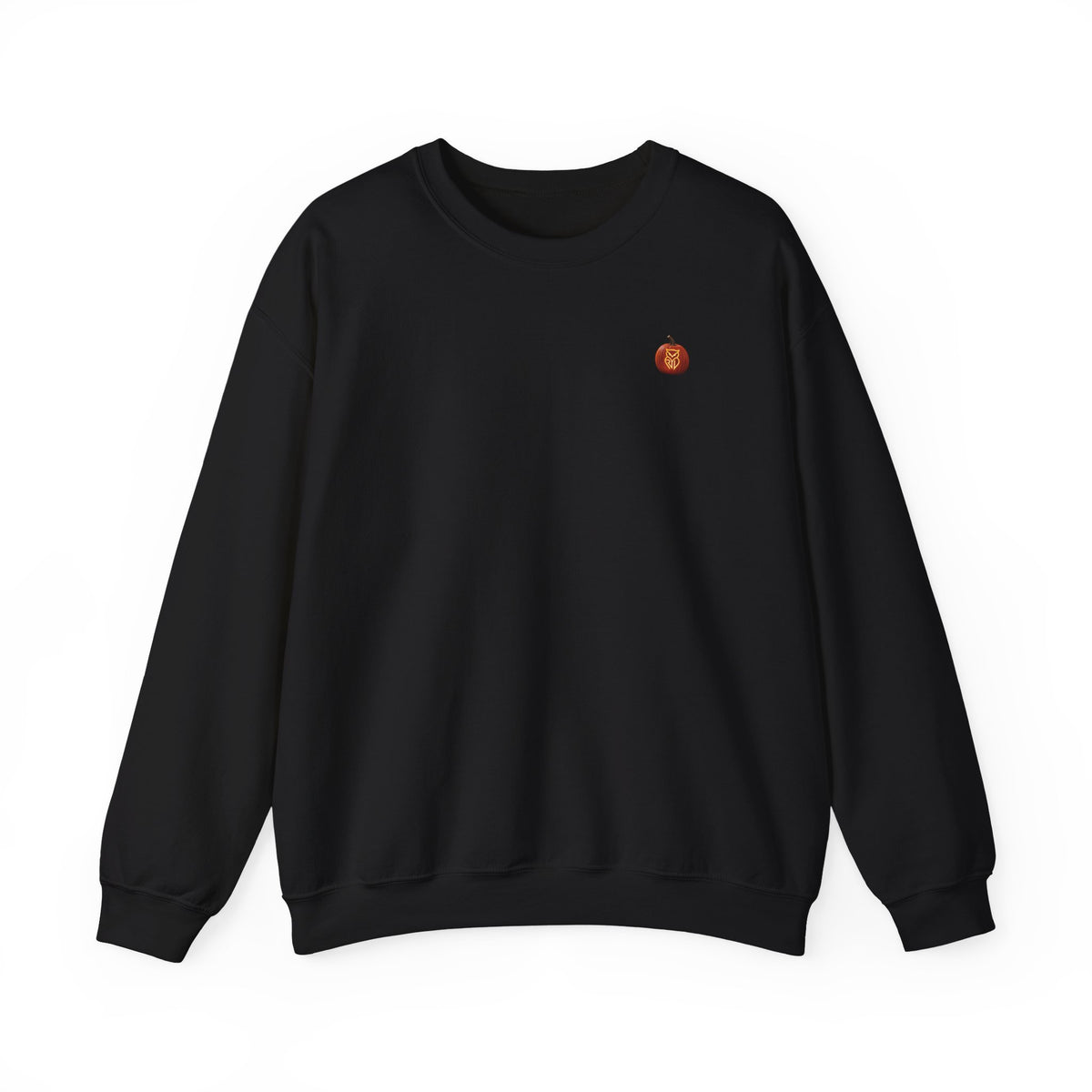 Rare Lab Owl Lantern embroidered crewneck sweatshirt with a small embroidered Rare Lab owl jack-o'-lantern on the chest