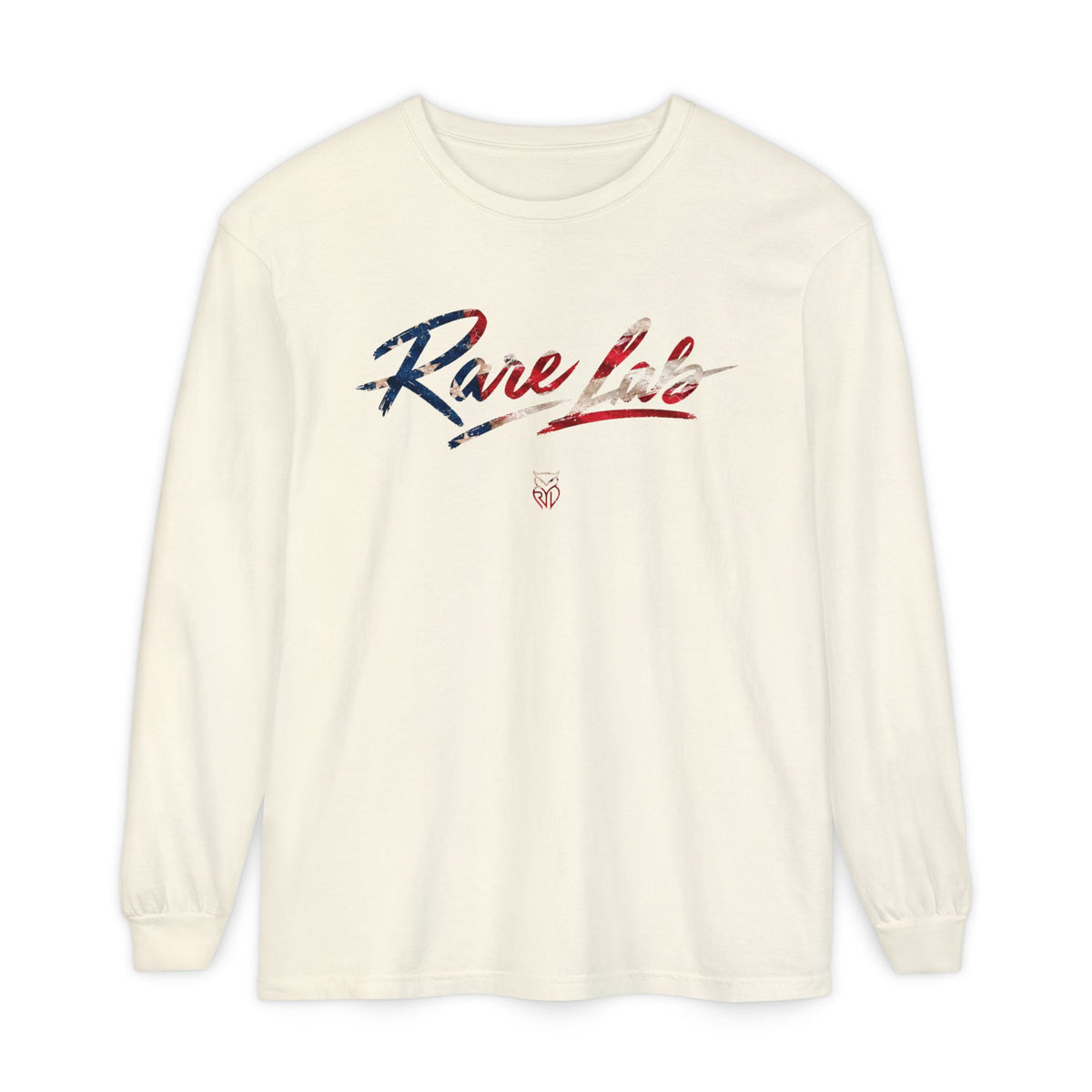 Rare Lab Brush Stroke American Flag long sleeve tee: brush stroke flag script across the chest
