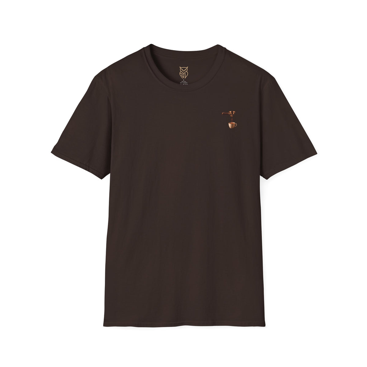 Rare Lab Espresso Drip tee: small Rare Lab Drip espresso design on the chest