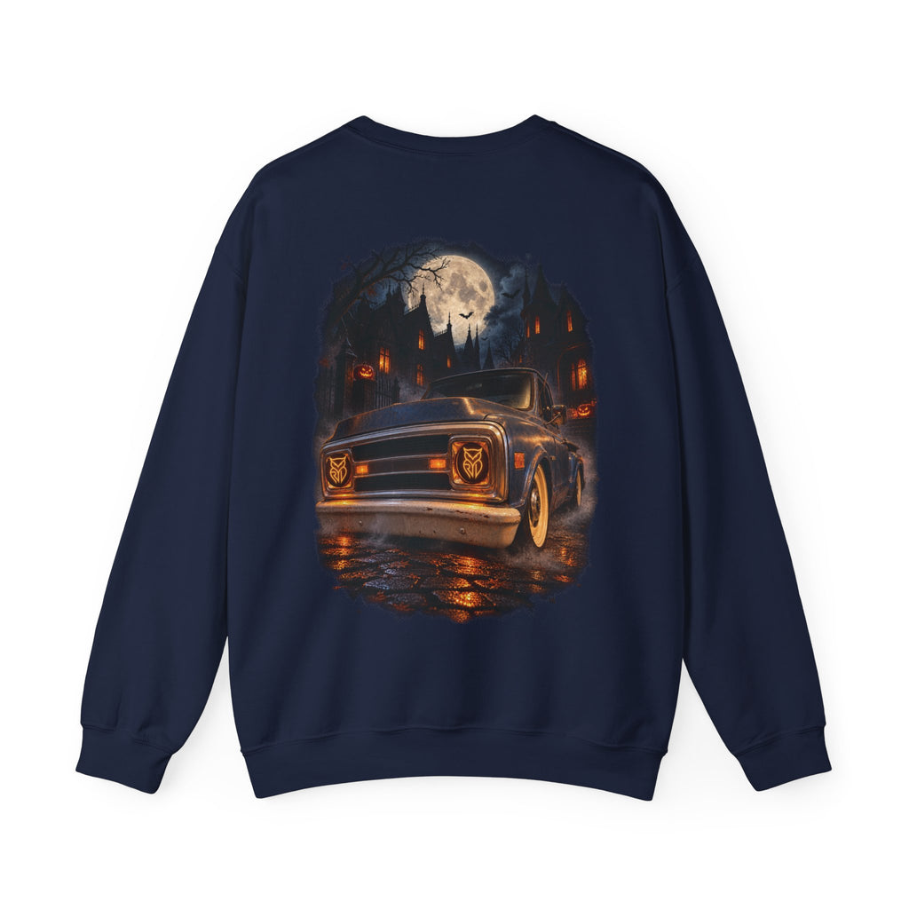 Rare Lab After Dark Midnight crewneck in Light Blue: small night-sky owl on the chest, C10 truck under a full moon on the back