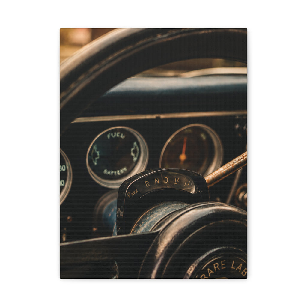 Rare Lab GT Column Shift canvas: close-up of a vintage steering column and wheel in cool blue tones