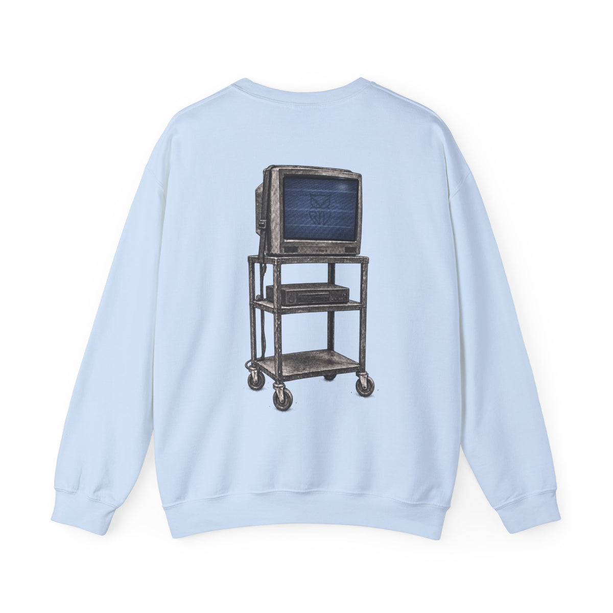 Rare Lab Retro TV Cart crewneck: small owl logo on the chest, faded TV on a rolling cart on the back