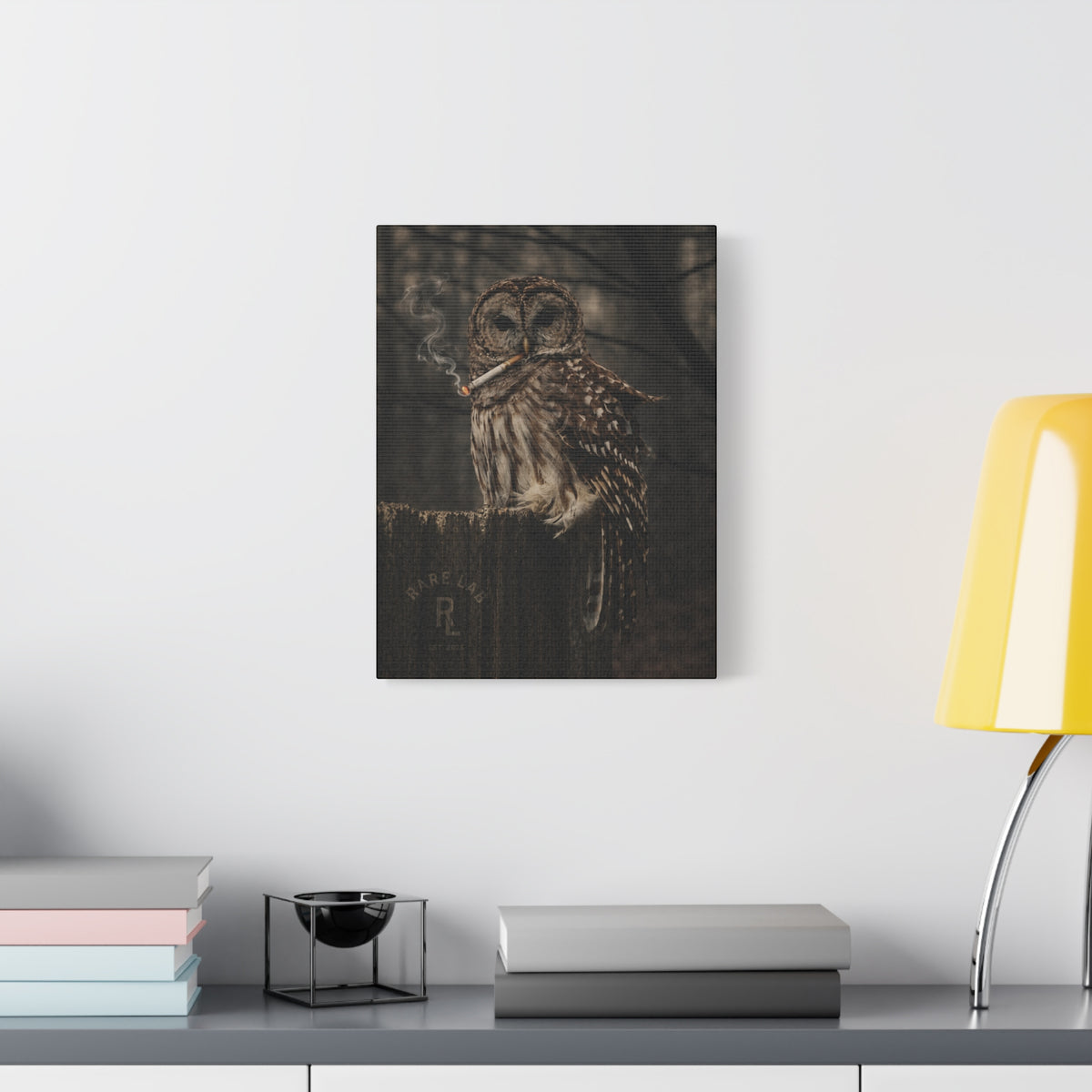 Rare Lab Smoke & Stillness matte canvas: a barred owl on a weathered post with a thin trail of smoke against the dark