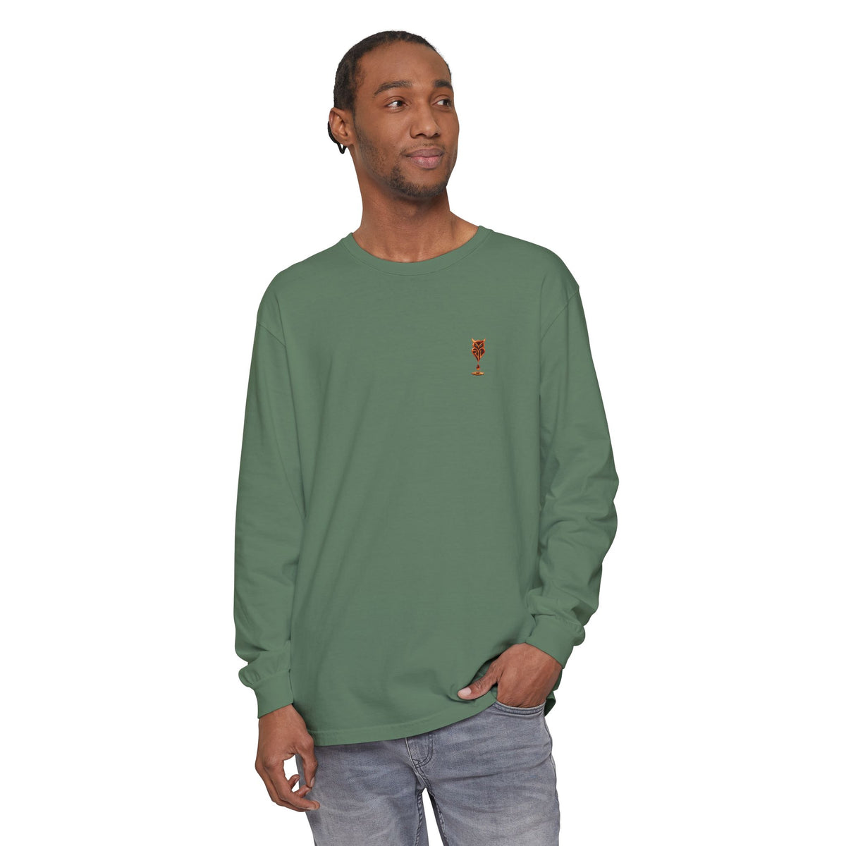 Rare Lab Drip Owl long sleeve tee: Rare Lab owl in glossy amber with an espresso drop, on the left chest