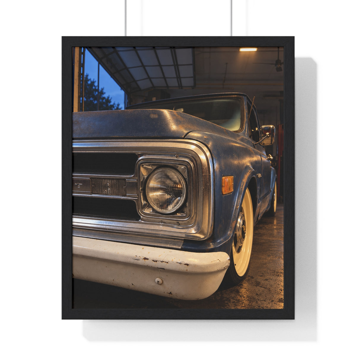 Rare Lab Vintage Blue Truck framed poster: close-up of a classic truck's headlight, bumper and whitewall tire