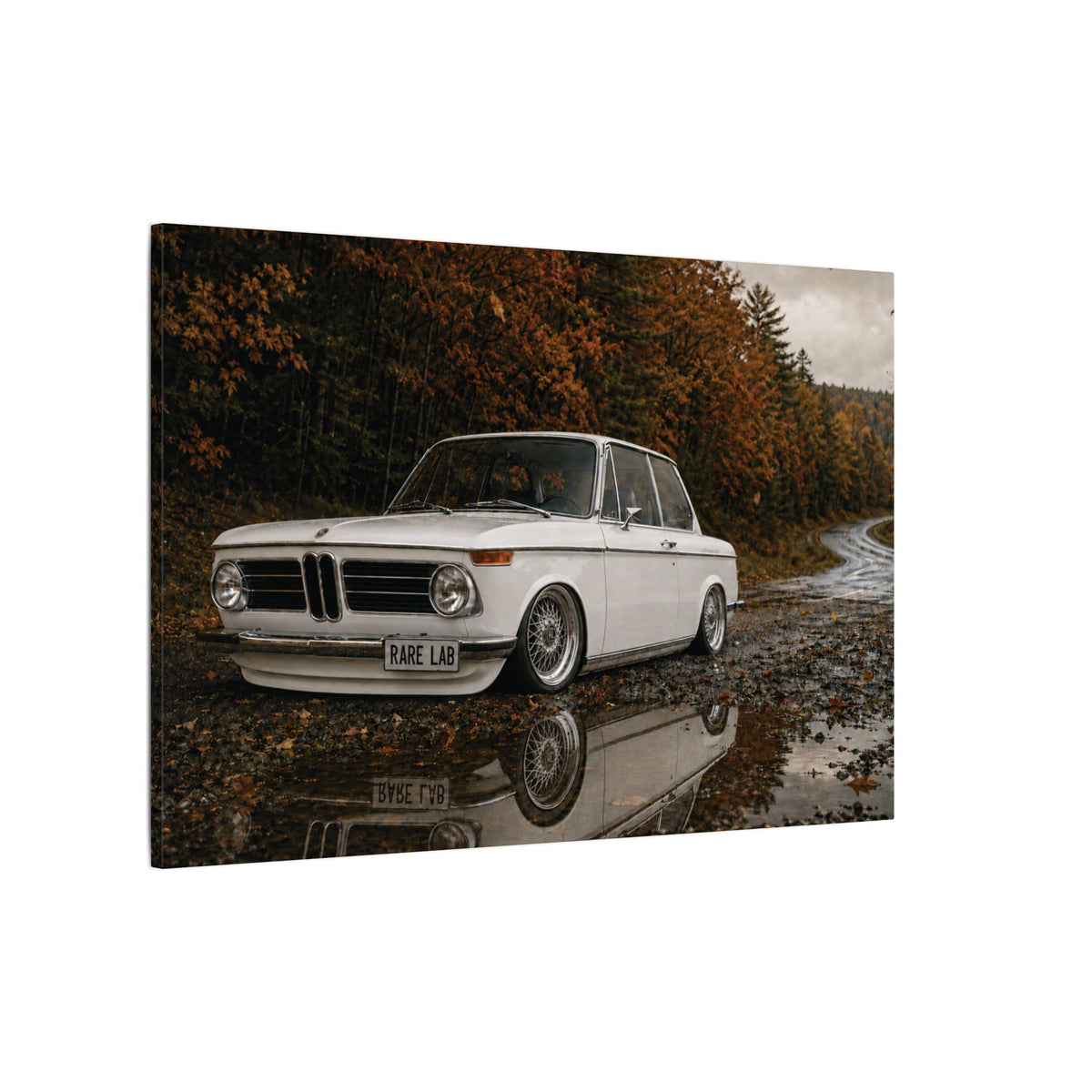 Rare Lab Autumn Ripper canvas: a vintage rally coupe parked by a puddle under autumn trees
