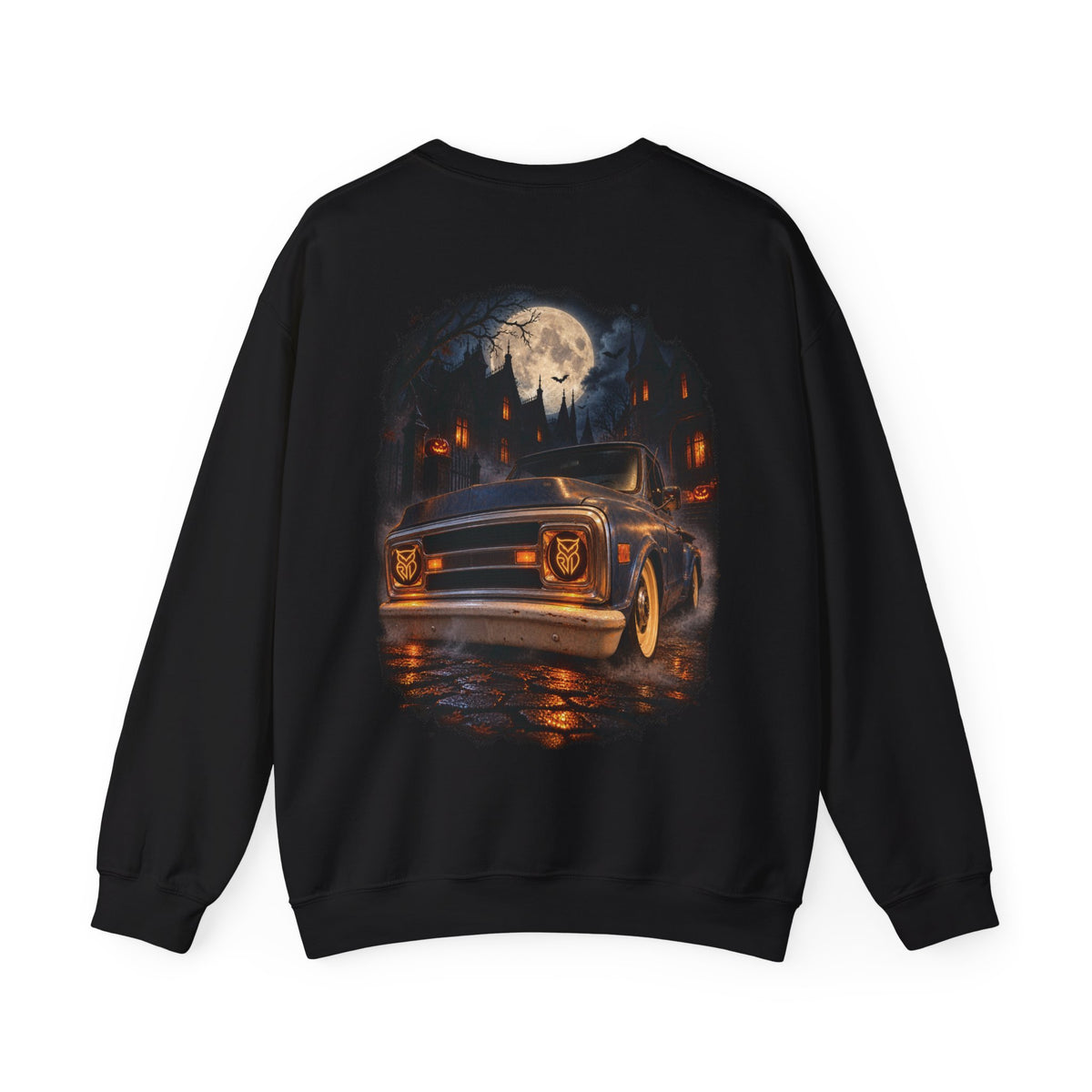 Rare Lab After Dark Midnight crewneck in Black: small night-sky owl on the chest, C10 truck under a full moon on the back