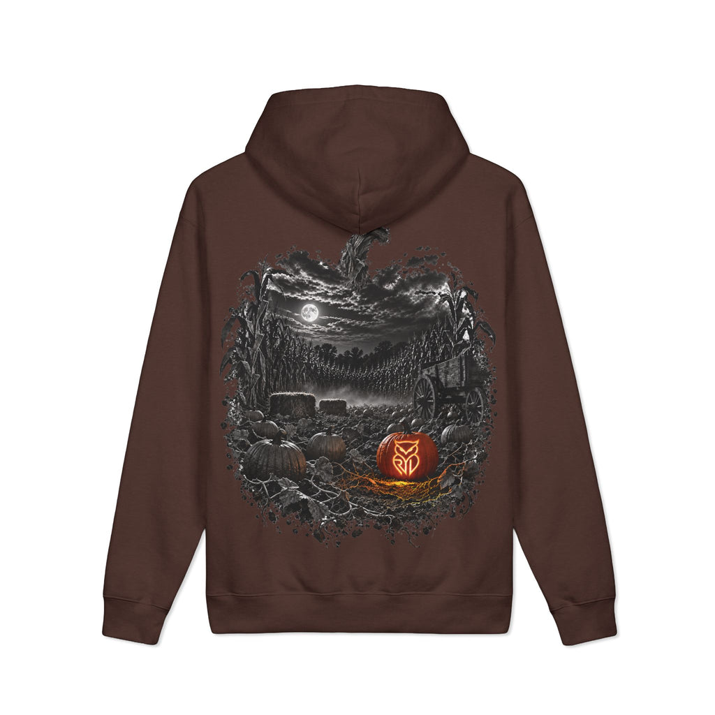 Rare Lab Pumpkin Patch heavyweight hoodie: large moonlit Rare Lab owl on the front, pumpkin patch scene with an owl jack-o'-lantern on the back