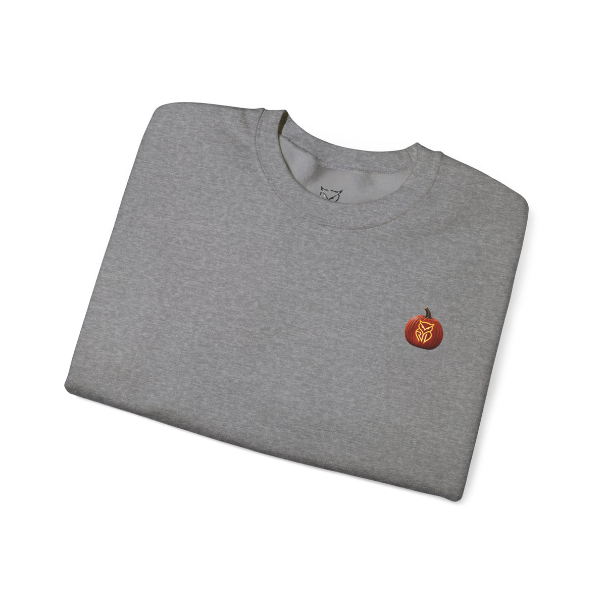 Rare Lab After Dark crewneck sweatshirt: small glowing Rare Lab owl jack-o'-lantern on the chest, C10 truck with owl jack-o'-lantern headlights on the back