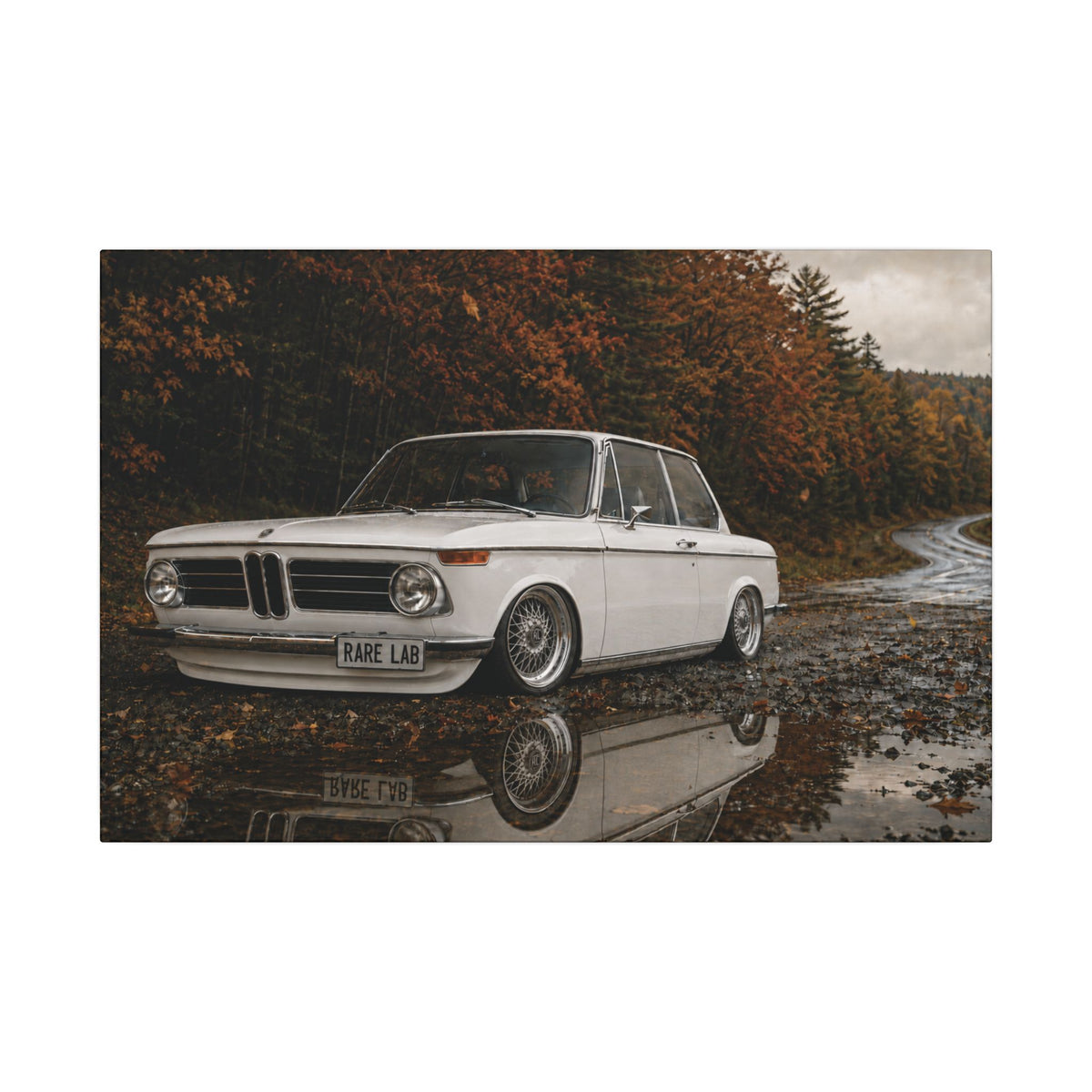 Rare Lab Autumn Ripper canvas: a vintage rally coupe parked by a puddle under autumn trees