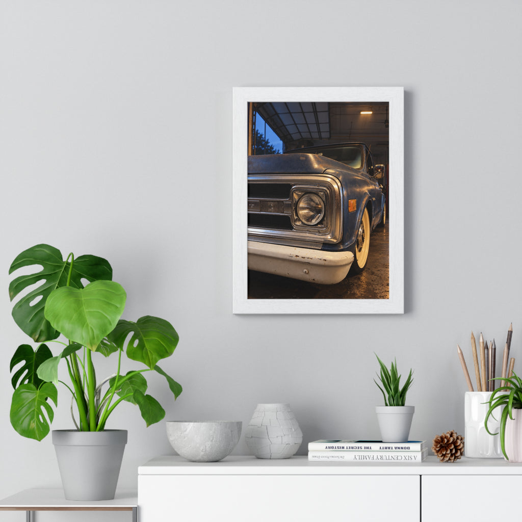 Rare Lab Vintage Blue Truck framed poster: close-up of a classic truck's headlight, bumper and whitewall tire
