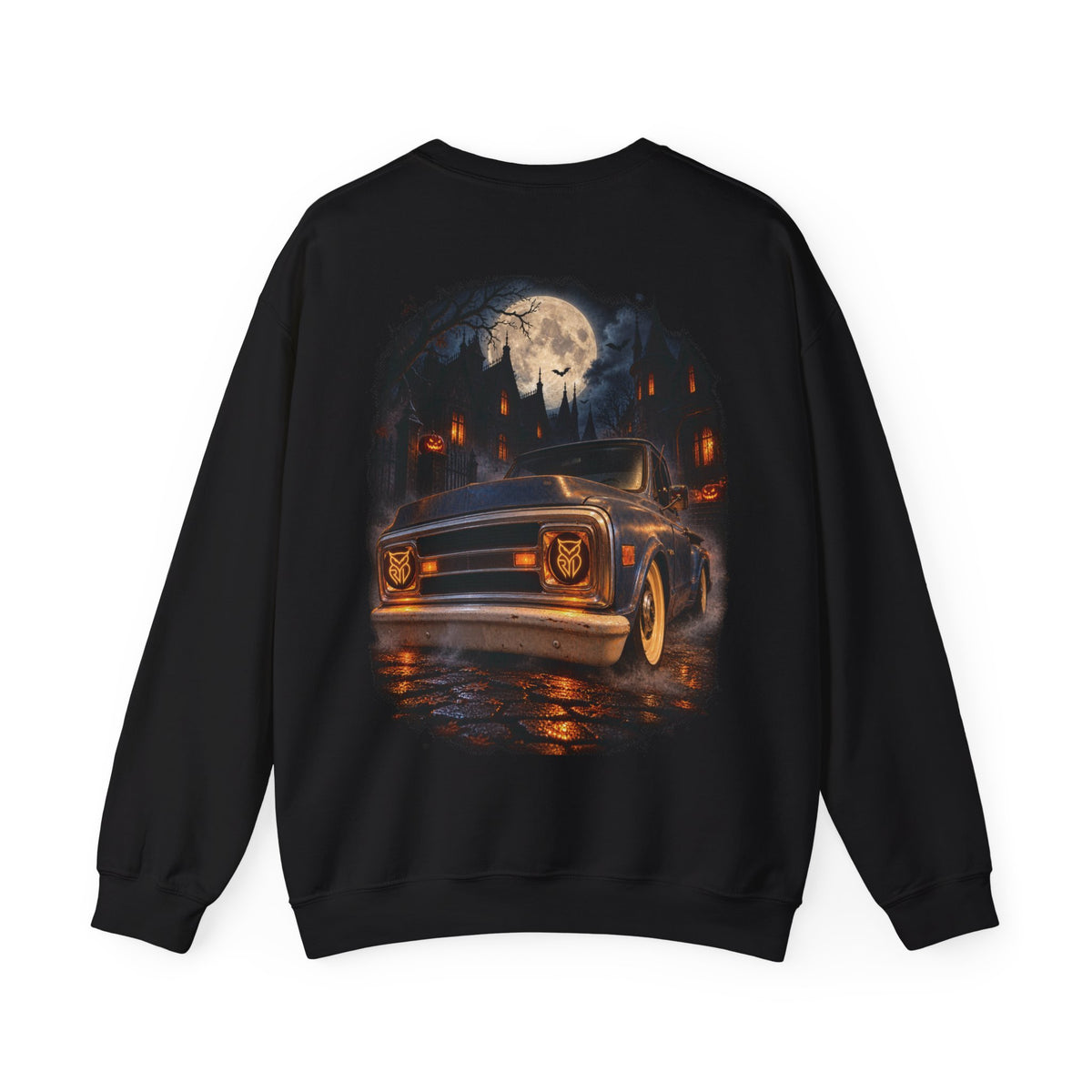 Rare Lab After Dark crewneck sweatshirt: small glowing Rare Lab owl jack-o'-lantern on the chest, C10 truck with owl jack-o'-lantern headlights on the back