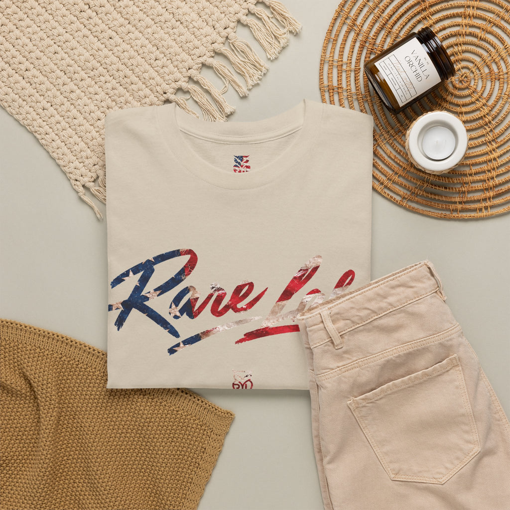 Rare Lab Brush Stroke American Flag tee: faded brush stroke logo in flag colors across the chest