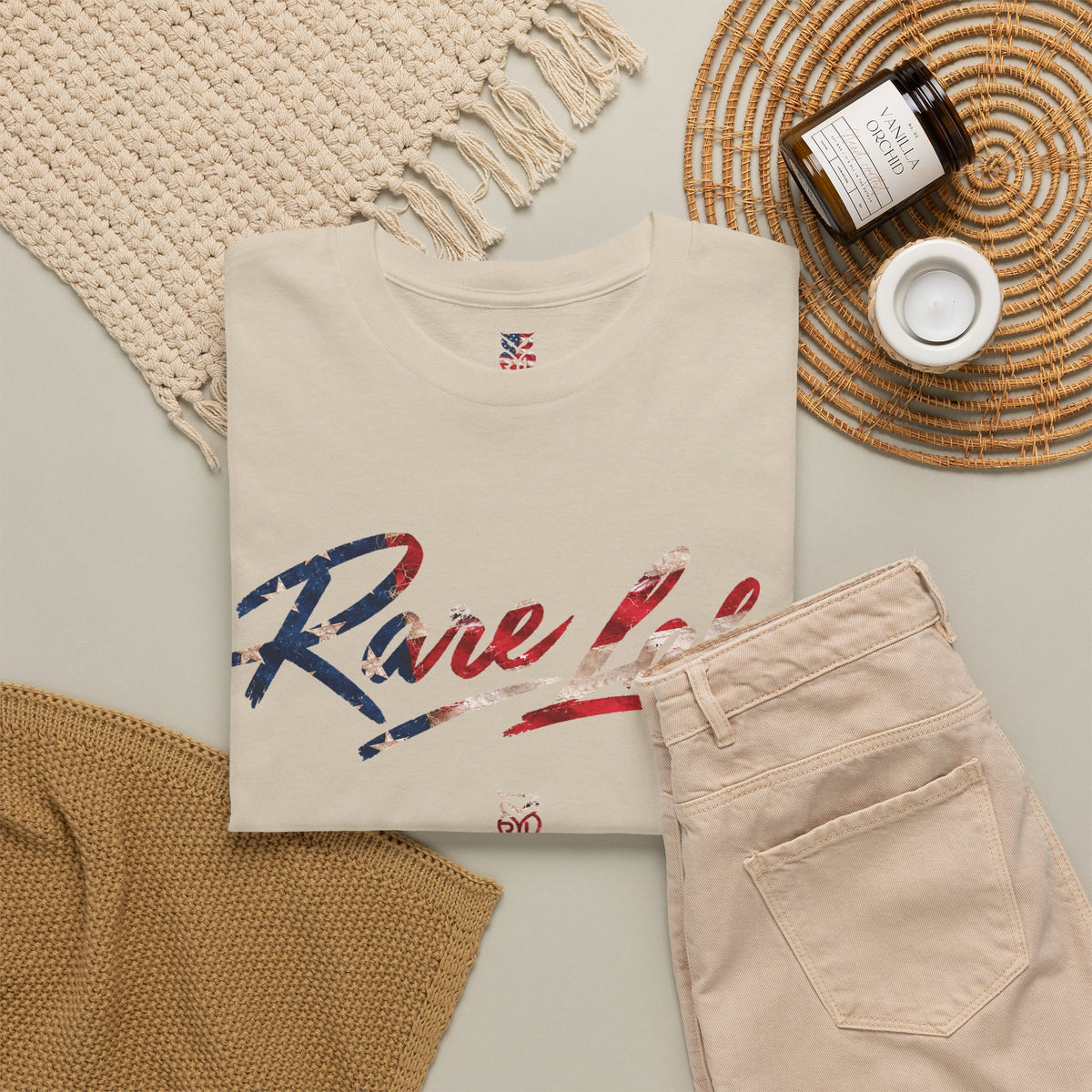 Rare Lab Brush Stroke American Flag tee: faded brush stroke logo in flag colors across the chest
