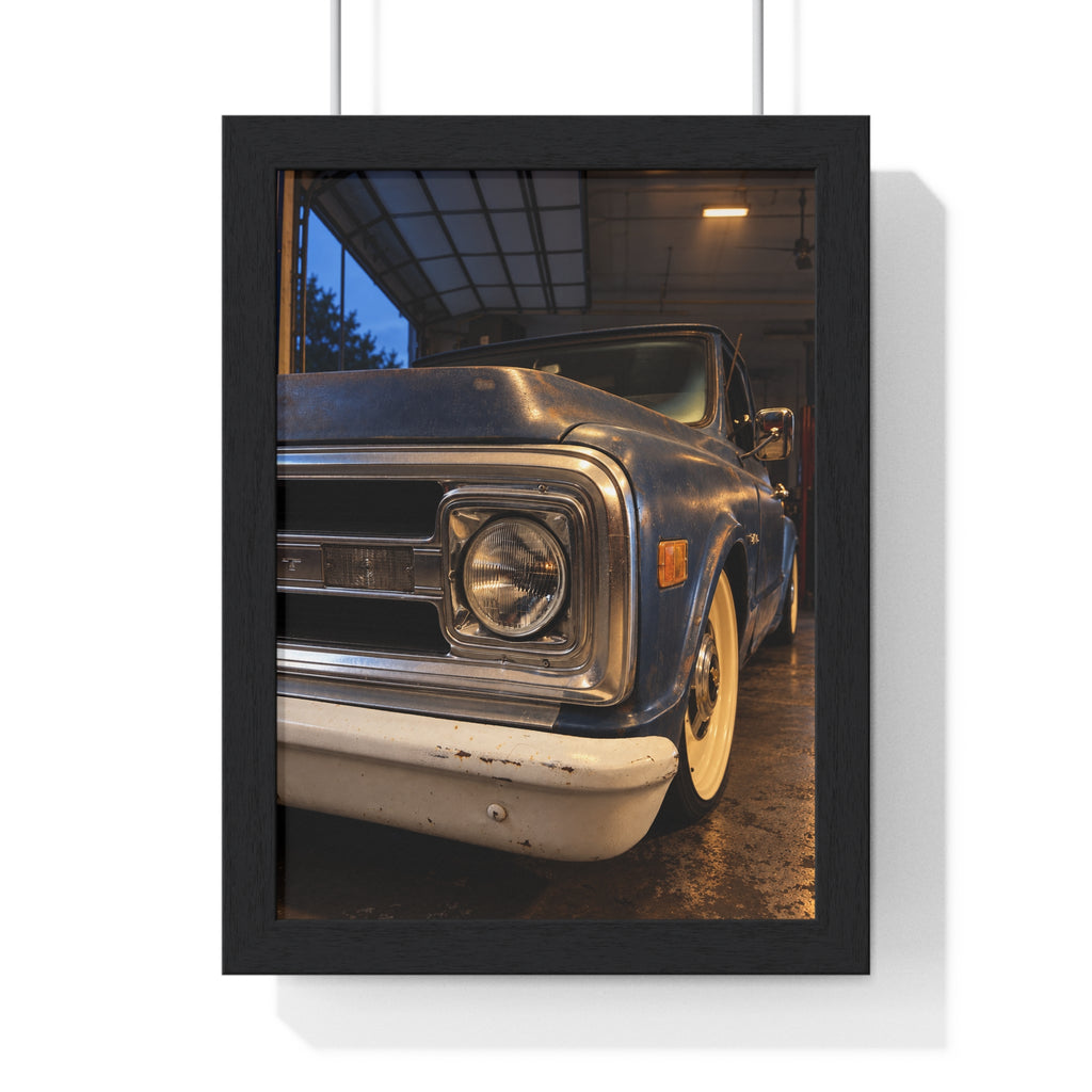 Rare Lab Vintage Blue Truck framed poster: close-up of a classic truck's headlight, bumper and whitewall tire