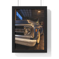Rare Lab Vintage Blue Truck framed poster: close-up of a classic truck's headlight, bumper and whitewall tire