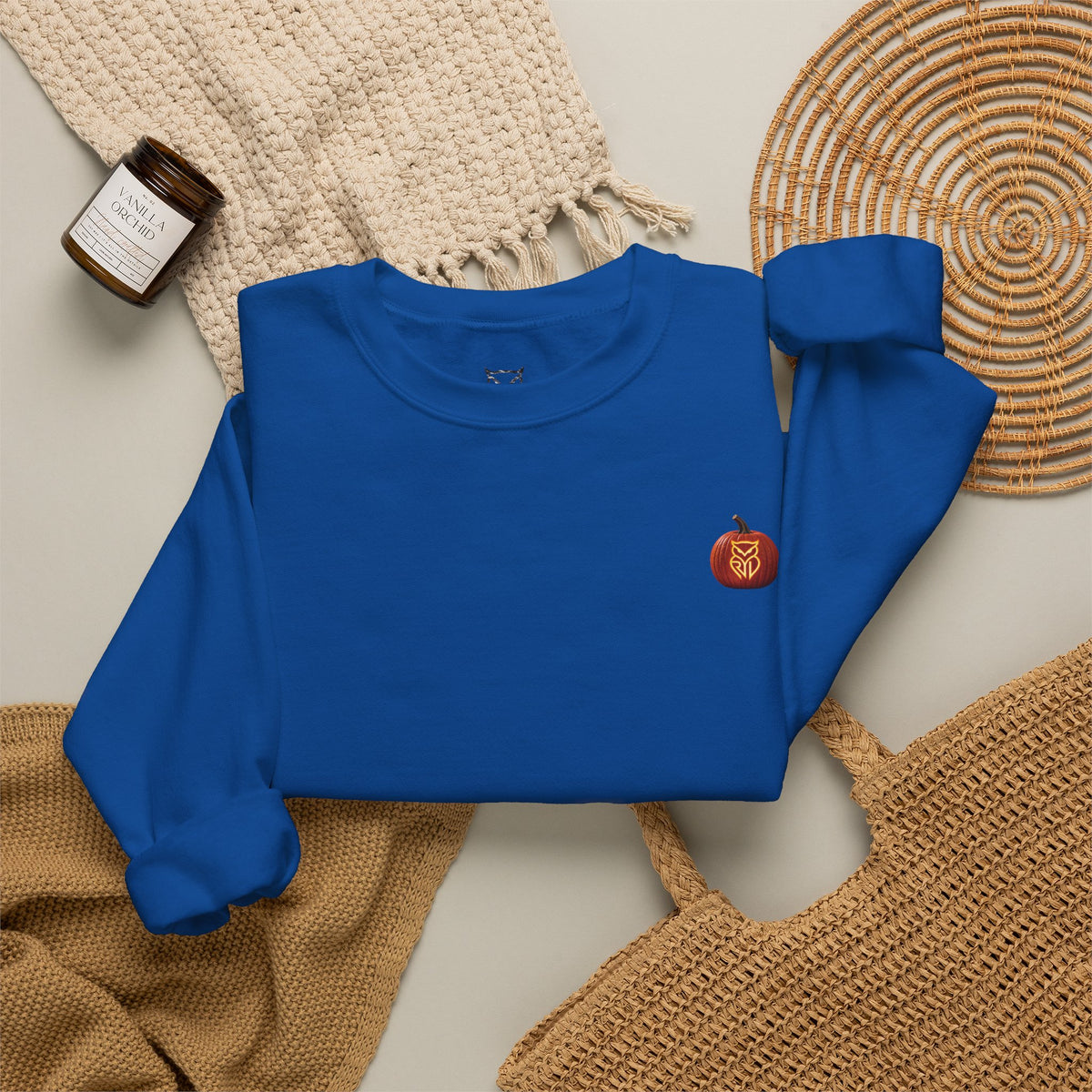 Rare Lab After Dark crewneck sweatshirt: small glowing Rare Lab owl jack-o'-lantern on the chest, C10 truck with owl jack-o'-lantern headlights on the back