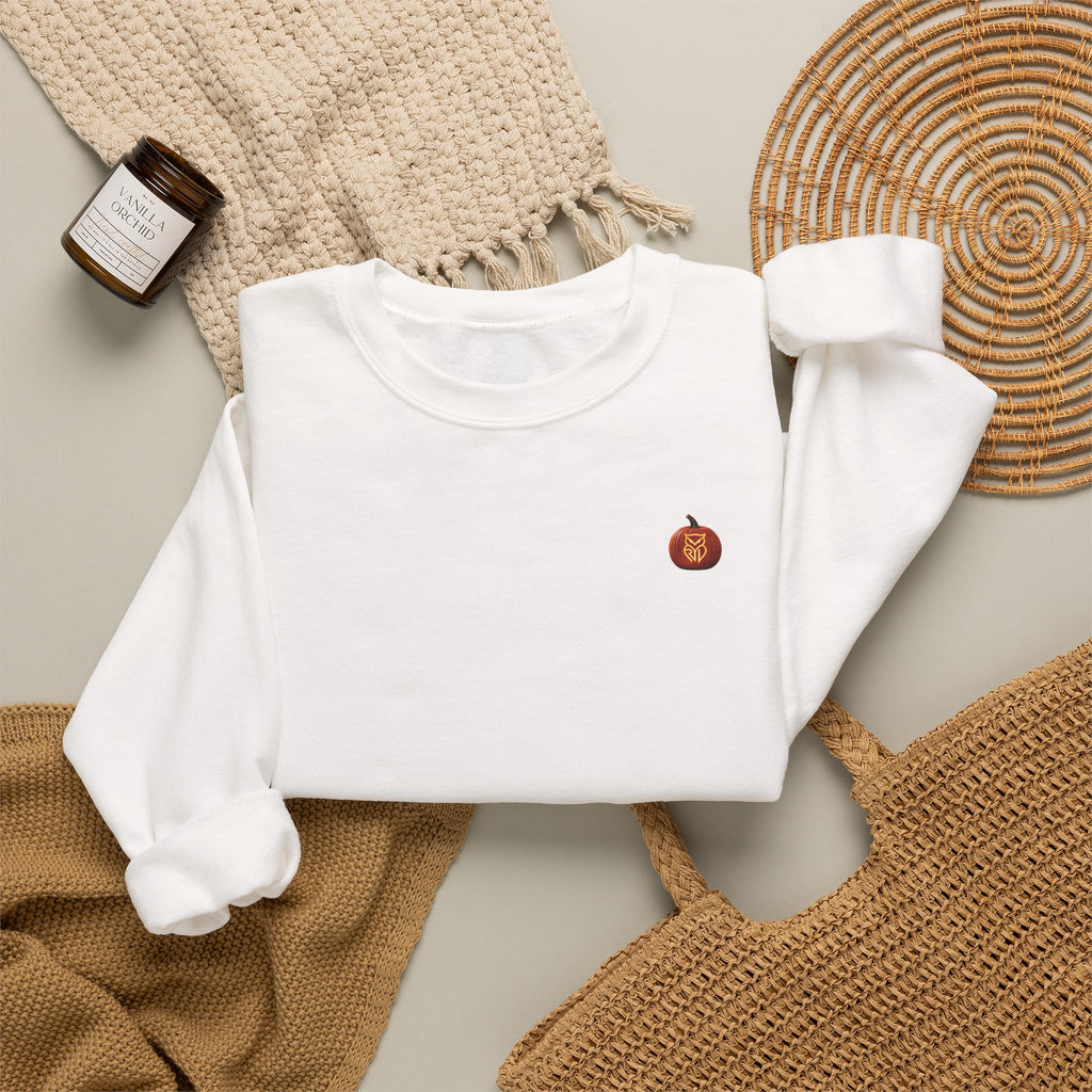 Rare Lab Owl Lantern embroidered crewneck sweatshirt with a small embroidered Rare Lab owl jack-o'-lantern on the chest